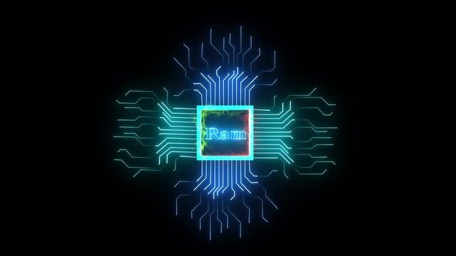 Glowing Blue RAM Chip Circuit Board Abstract random access memory