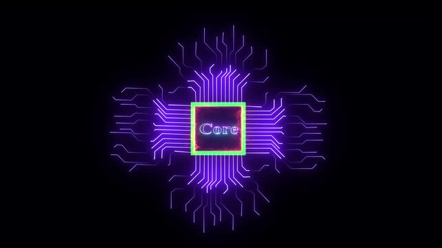 Digital cpu core processor concept with glowing neon circuitry and binary code data stream background animation