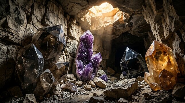 Massive amethyst and quartz crystals inside a sunlit cavern