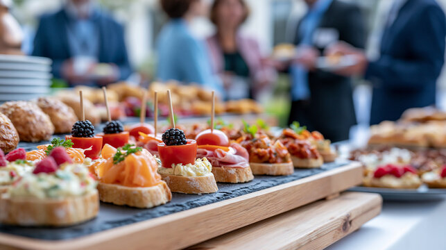 Elegant business networking event with appetizers and hors d'oeuvres displayed for guests in professional setting, corporate catering concept, event photography, blurred event