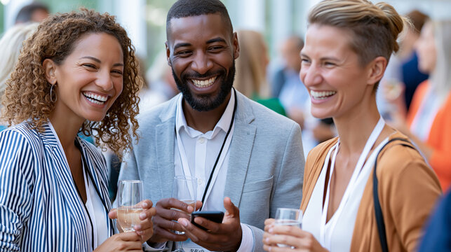 Faceless three professionals with conference lanyards laughing together while looking at phone at networking reception with crowded room of attendees mingling and holding drinks,