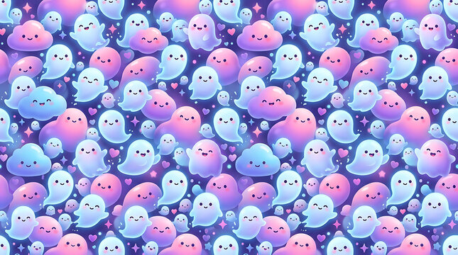 Kawaii pastel ghosts and clouds pattern