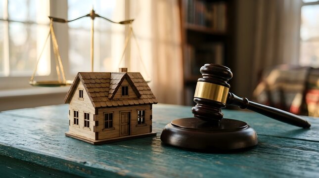 Real estate law concept wooden house model with scales of justice and gavel