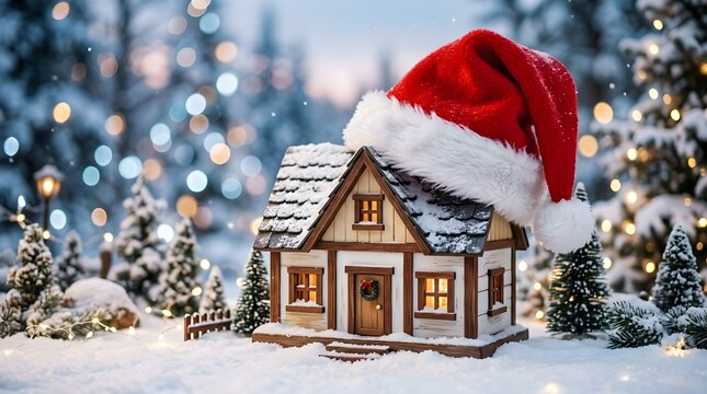 Festive christmas scene miniature house with santa hat in winter wonderland setting