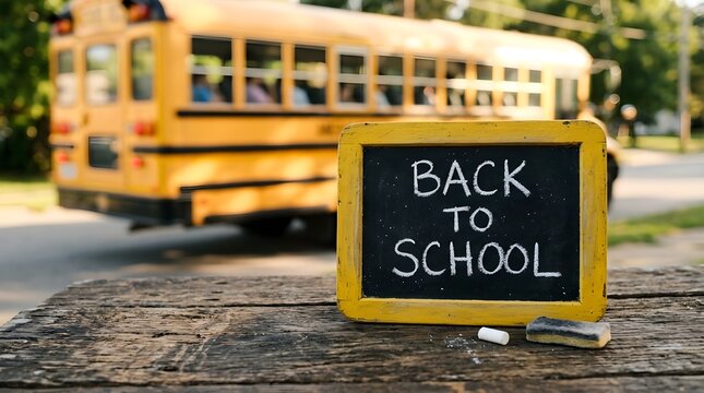 Back to school concept with chalkboard and blurred school bus in sunny outdoor setting