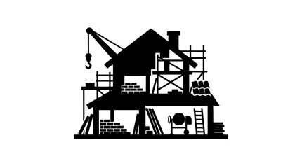 Obraz premium Construction Site Silhouette with House Under Building Process and Equipment