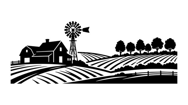 Black and white farm landscape vector illustration with windmill and fields