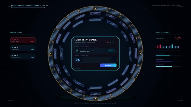 Futuristic identity authentication interface with rotating rings and a failed login attempt