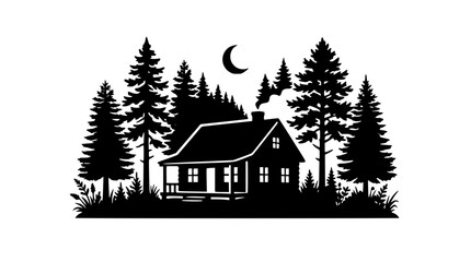 Fototapeta premium Silhouette of a cozy log cabin in a pine forest under a crescent moon