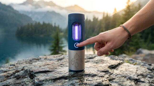 Hand pressing portable water purifier button outdoors. Traveler activating UV sterilization device for clean drinking water in nature.
