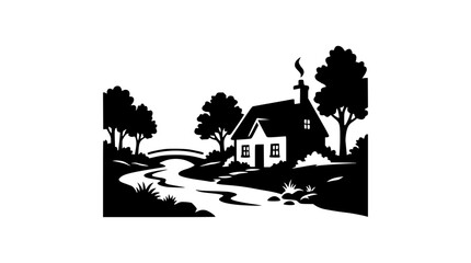 Obraz premium Black and white silhouette of a cozy country cottage by a river