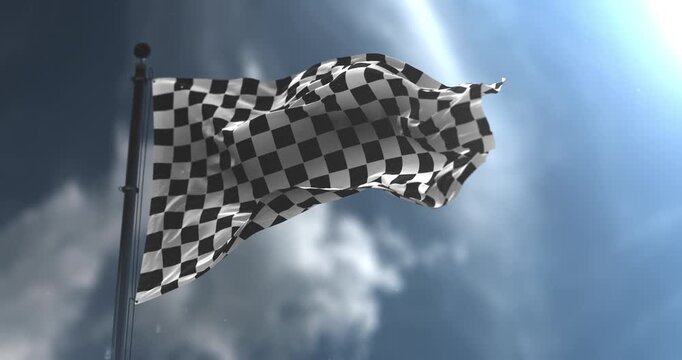 Checkered Flag waving with a cloudy sky. Loop. Slow Motion
