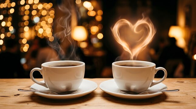 Romantic coffee date two steaming cups with heart shaped steam against a warm bokeh background