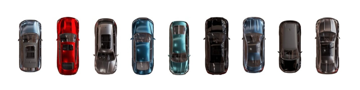 top view of unbranded modern cars with beautiful reflections in the evening light isolated png on a transparent background premium cutout (aerial car set, overhead vehicle cutouts)