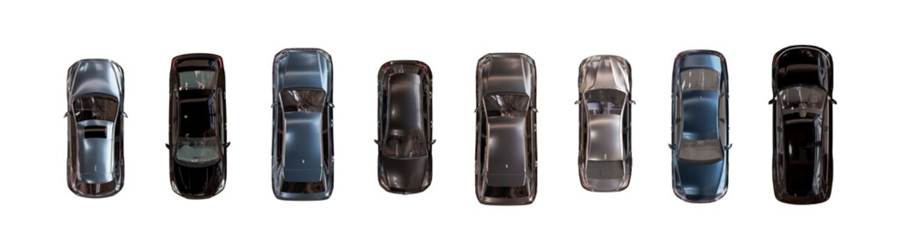 top view of unbranded modern cars with beautiful reflections in the evening light isolated png on a transparent background premium cutout (aerial car set, overhead vehicle cutouts)