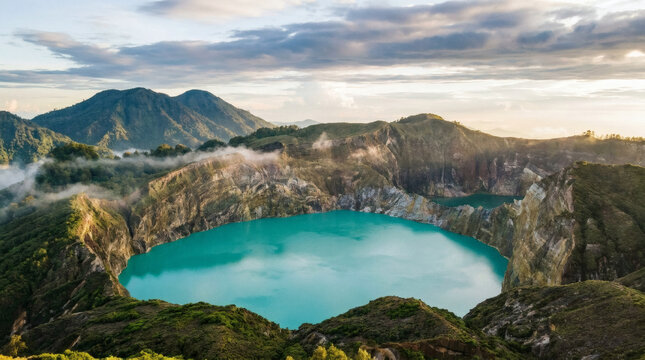 A vivid turquoise volcanic lake surrounded by lush tropical mountains and rugged caldera walls, representing natural beauty, exploration, and tropical travel.