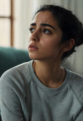 Obraz premium Young indian woman with a concerned expression looking up, mental health and emotional stress concept, close up portrait