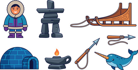 Arctic Inuit culture vector elements set with indigenous person inuksuk stone landmark sled igloo oil lamp narwhal © Lunavera art
