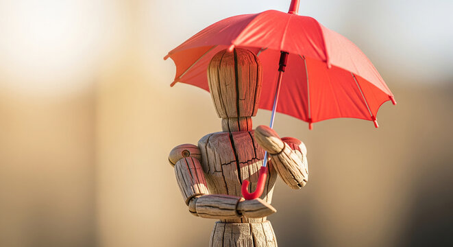Wooden mannequin figure holding a small red umbrella, representing protection, shelter and personal insurance