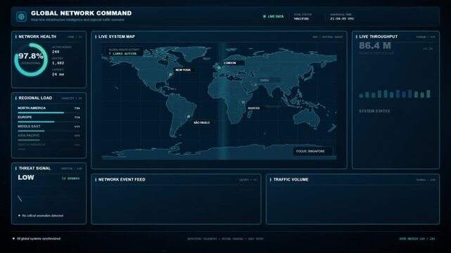Global network command dashboard with world map connections and live data monitoring analytics