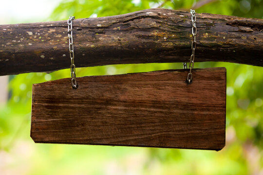 Rustic hanging wooden board sign attached to a tree branch by chains with signboard background signpost weathered