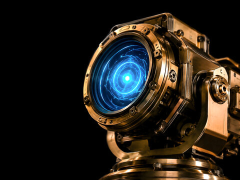 Retro-futuristic brass weapon with glowing blue energy core, steampunk sci-fi concept