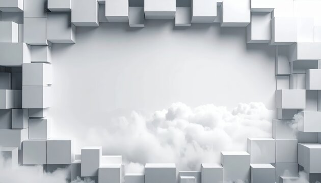 Futuristic Gray Cube Frame Revealing Cloudy Center.