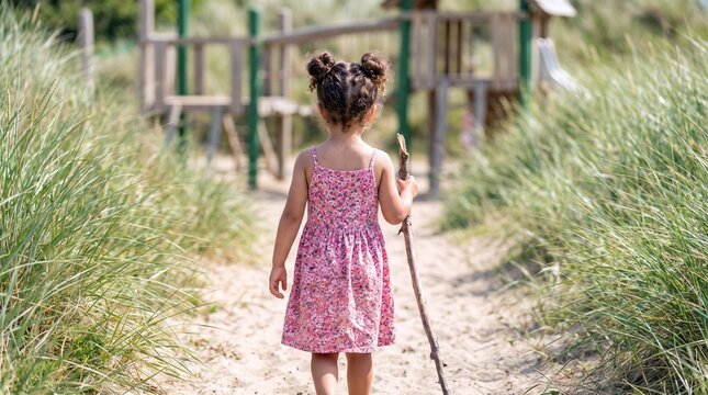 Little girl with space buns walking through beach grass path toward wooden playground with stick