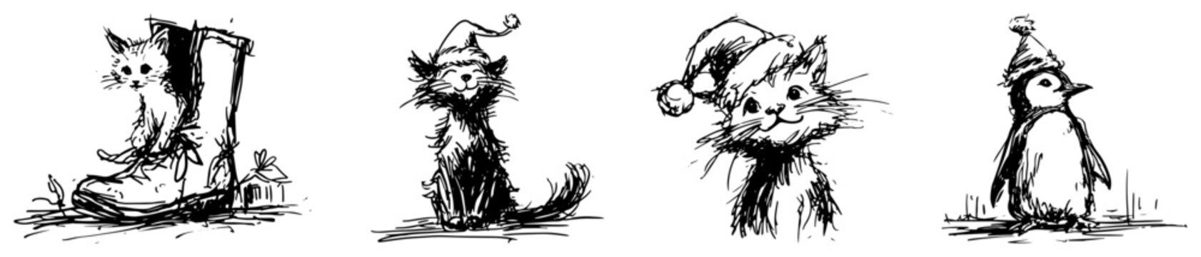 Christmas kittens and penguin wearing winter hats in hand drawn doodle style