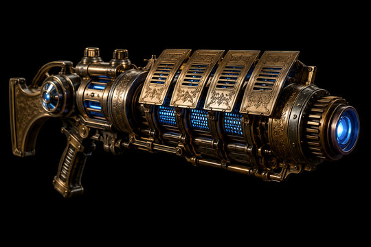 Ornate brass steampunk rifle blaster with glowing blue vents, retro-futuristic weapon concept
