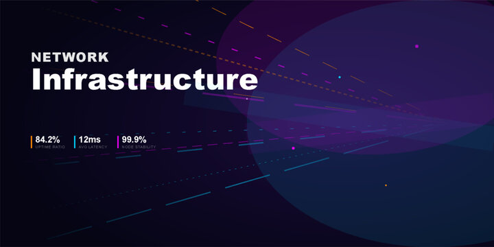 Network infrastructure dashboard design with technical metrics, uptime ratio, average latency, and node stability data. Vector illustration.