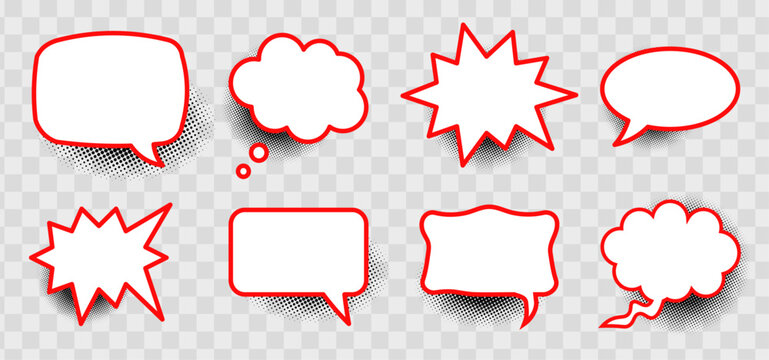 Comic book style blank red speech bubbles icon set