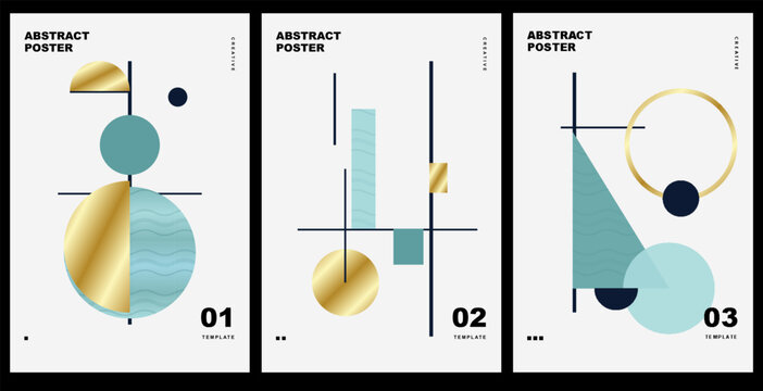 Set of three abstract posters with geometric shapes and gold accents. Vector illustration.