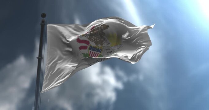 Flag of american state of Illinois waving with a cloudy sky. Loop. Slow Motion