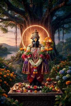 Divine Lord Vitthal idol under a sacred banyan tree with a glowing halo, rich flower garlands, and traditional pooja offerings by the river.