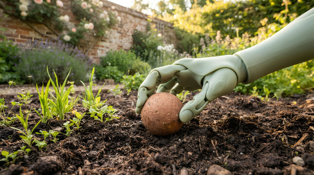 Robotic hand planting seed bomb in soil. AI robot gardening for environmental restoration.
