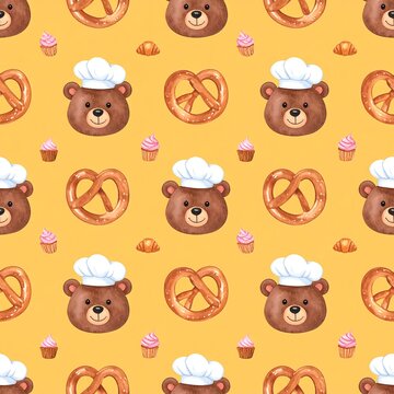 Teddy bear chef with croissants pretzels and pink cupcakes seamless pattern