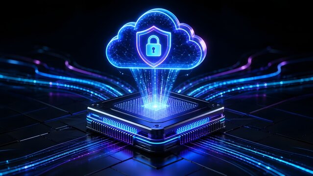 Advanced secure cloud computing processor with glowing digital cloud and shield hovering over futuristic microchip motherboard