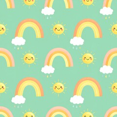 Obraz premium Cute pastel rainbow and smiling sun seamless pattern for nursery design