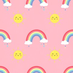 Obraz premium Cute pastel rainbow and smiling sun seamless pattern for nursery design