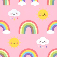 Obraz premium Cute pastel rainbow and smiling sun seamless pattern for nursery design