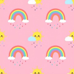 Obraz premium Cute pastel rainbow and smiling sun seamless pattern for nursery design