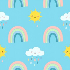 Obraz premium Cute pastel rainbow and smiling sun seamless pattern for nursery design