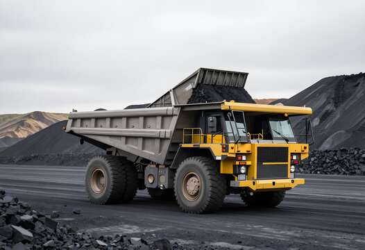 Heavy duty mining dump truck loaded with coal on a dirt road at an open pit mine site, this industrial vehicle is used for resource extraction and transportation in the mining industry