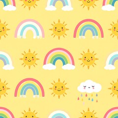 Obraz premium Cute pastel rainbow and smiling sun seamless pattern for nursery design