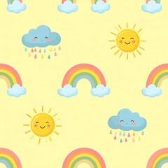 Obraz premium Cute pastel rainbow and smiling sun seamless pattern for nursery design