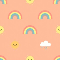 Obraz premium Cute pastel rainbow and smiling sun seamless pattern for nursery design