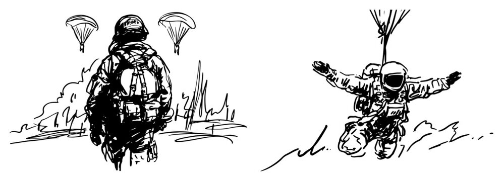 Paratroopers skydiving with parachutes in military or extreme sport context hand drawn sketch style