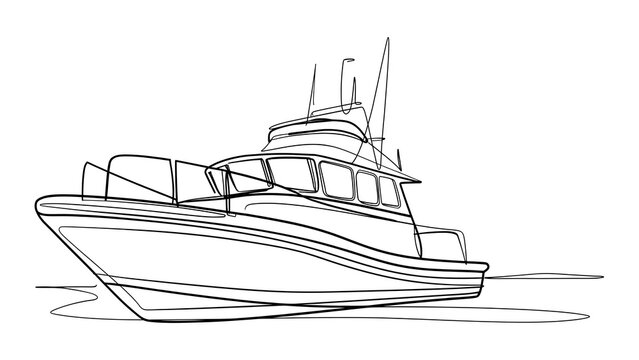 Fishing boat line drawing on white background.