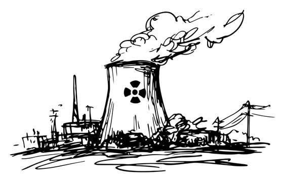 Nuclear power plant cooling tower emitting smoke in dramatic hand drawn ink sketch style